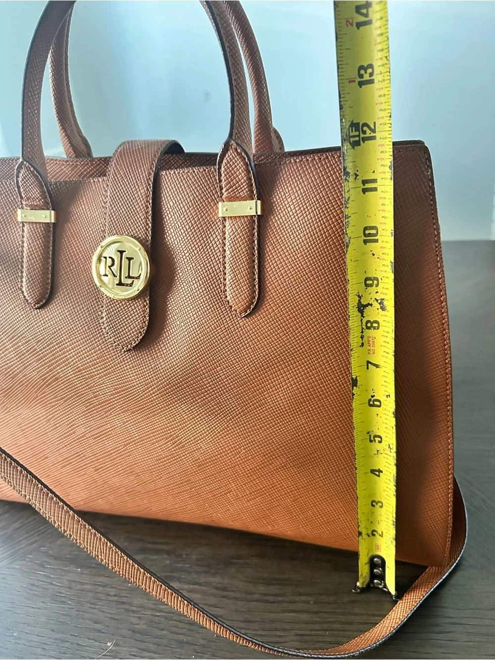 Ralph Lauren Cognac Textured Leather Satchel with Gold Logo